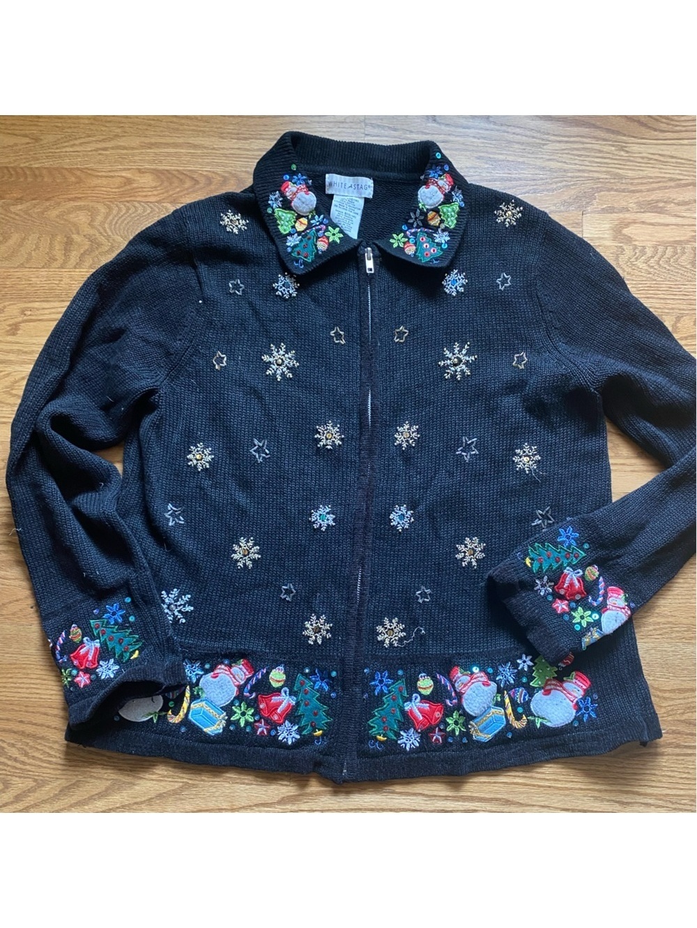 Vintage Beaded appliqué embroidered Christmas sweater zip cardigan XL festive